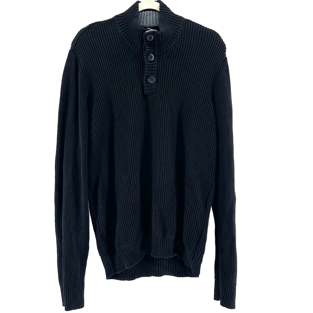 AMERICAN RAG Black Cie Sweater PREPPY TOP Quarter Button Up Pullover MENS L